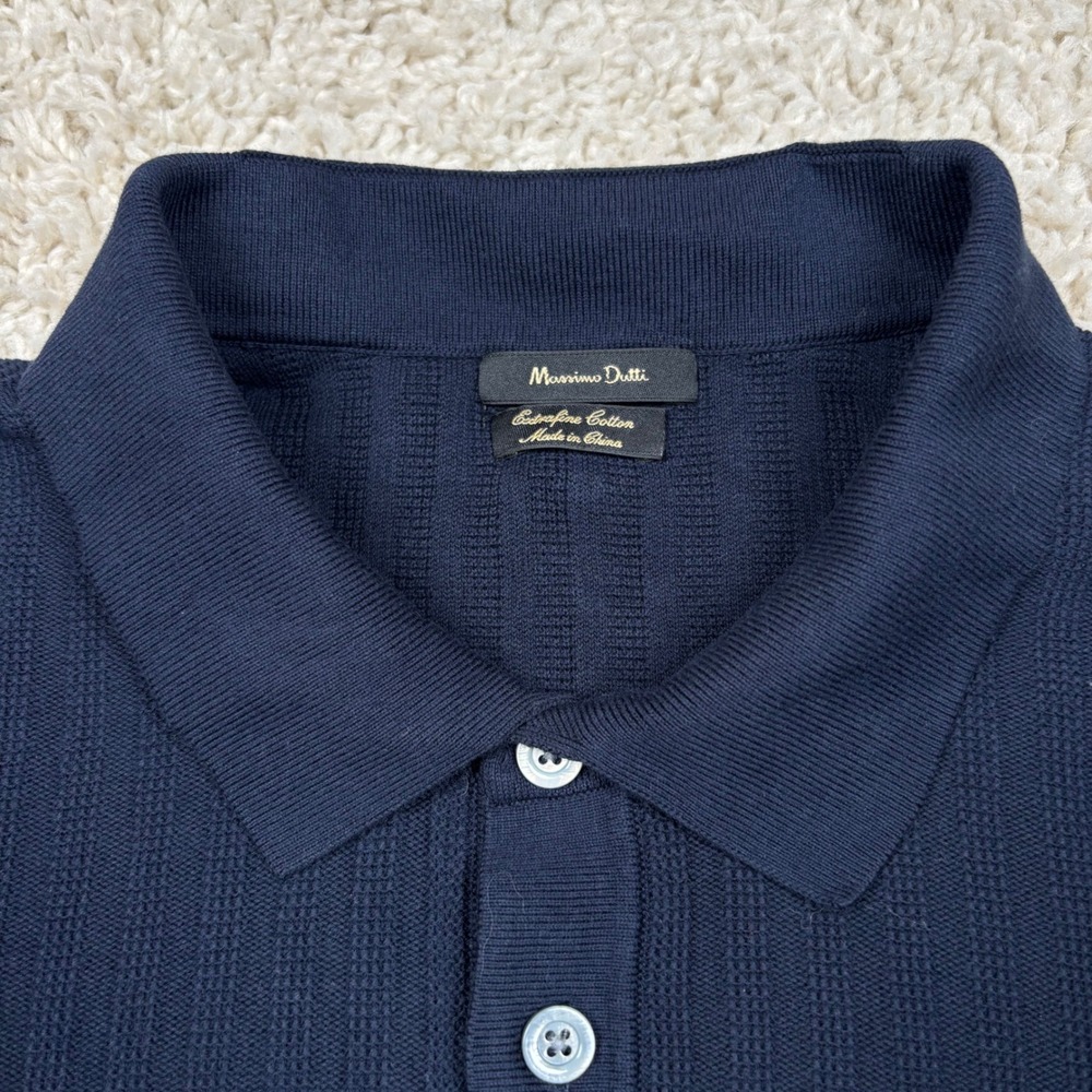 Massimo Dutti Knit Polo Shirt Mens XL Navy Blue Ribbed Cotton Short Sleeve - Picture 2 of 8